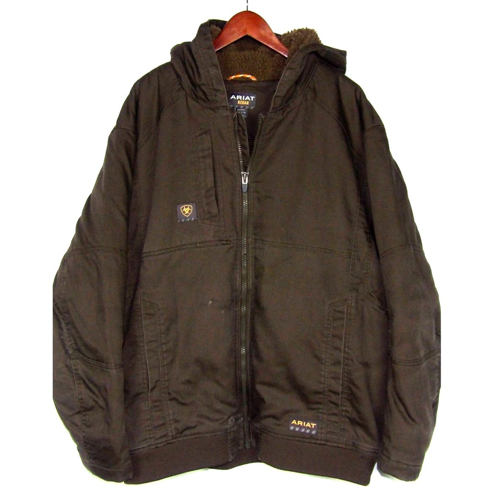 ARIAT REBAR Zip-Up Hooded Sherpa Lined Brown Canvas Work Jacket Men's XXL